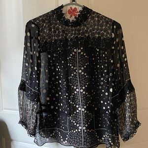 Anna Sui sheer black and white lace-trimmed blouse. Size L.
